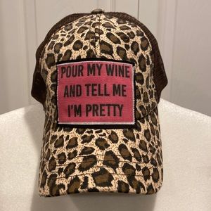Hat republic, women’s trucker hat.  “ pour my wine and tell me I’m pretty.”